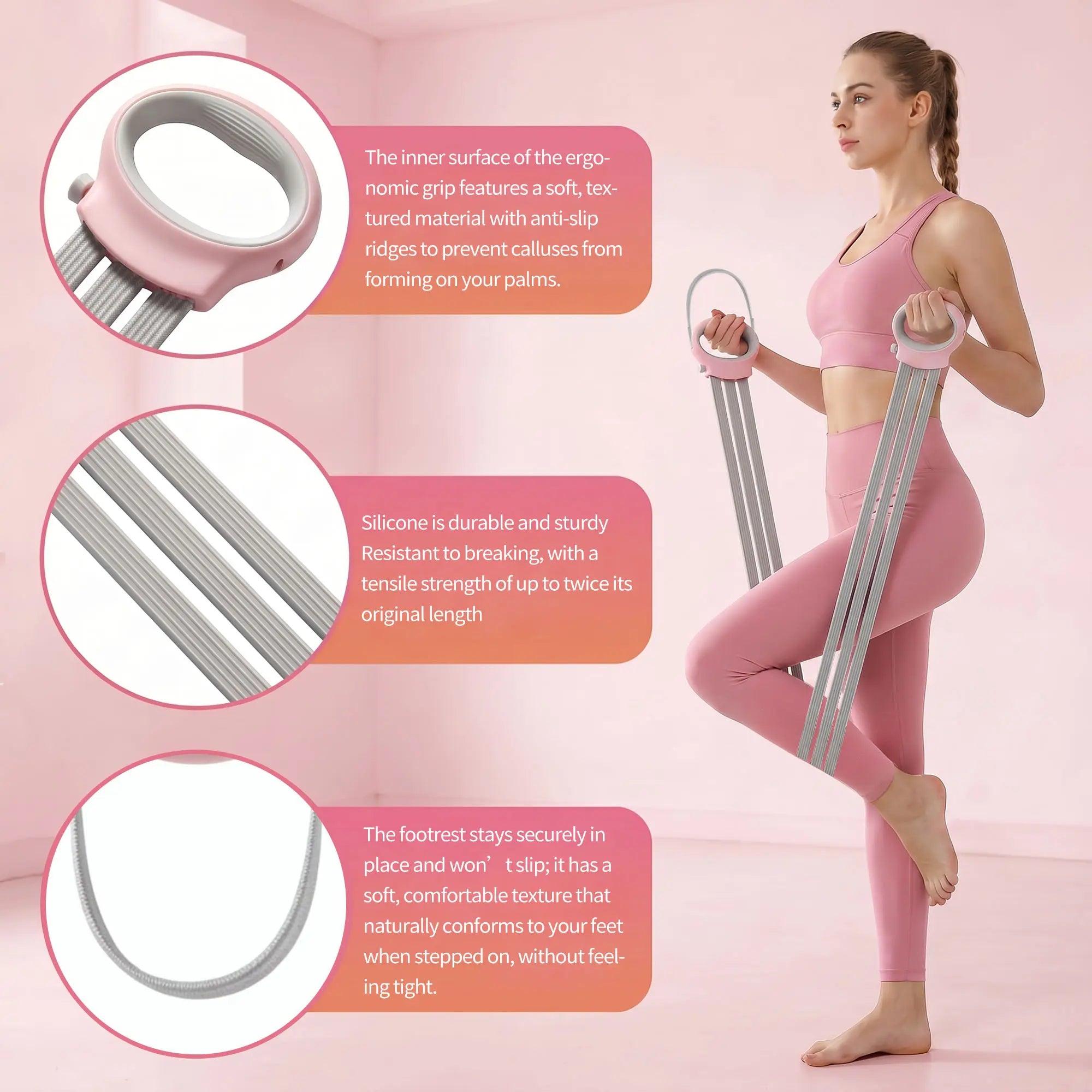 Ultimate Resistance Band Set: Versatile Pedal Fitness Ropes for Sit-Ups, Yoga, and Full-Body Workouts in Blush Pink and Premium Gray
