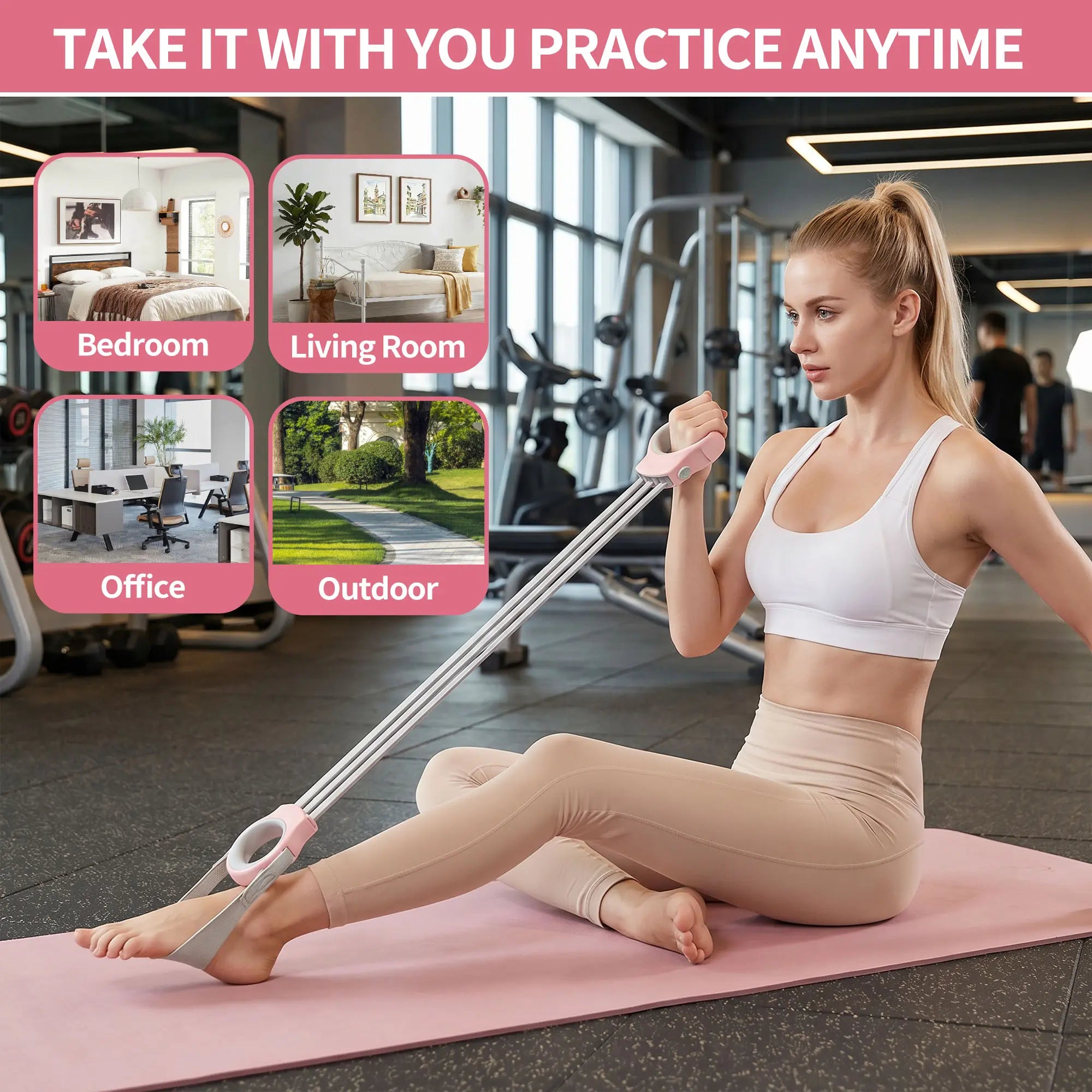 Ultimate Resistance Band Set: Versatile Pedal Fitness Ropes for Sit-Ups, Yoga, and Full-Body Workouts in Blush Pink and Premium Gray