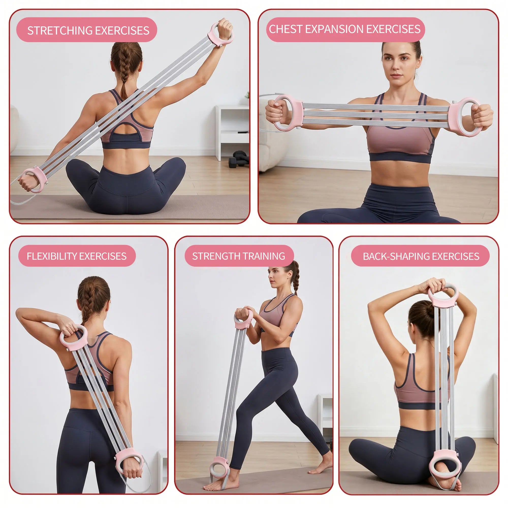 Ultimate Resistance Band Set: Versatile Pedal Fitness Ropes for Sit-Ups, Yoga, and Full-Body Workouts in Blush Pink and Premium Gray